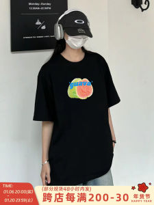 Casual Cotton Short Sleeve T-Shirt Mens Summer Lightweight Print round Neck Top for Couples Black Color Loose Fit Streetwear