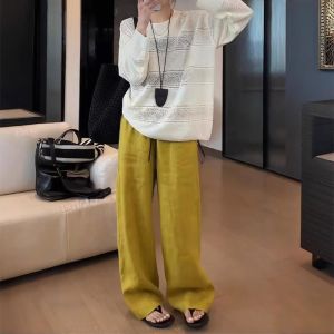 Yellow Linen Wide Leg Casual Pants Womens Autumn New Large Size Pear Shape Small Height Drapey Floor-Length Straight Leg Pants