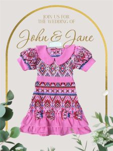 เดรสกระโปรงลายไทย คอบัว แขนตุ๊กตา แต่งสม็อคหลัง ชายกระโปรงระบาย 2 ชั้น ตกแต่งโบว์ ผ้าฝ้ายทั้งชุด