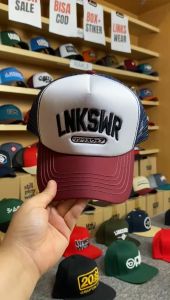 LINKSWEAR Topi Pria Distro Trucker Hat terbaru keren maroon white