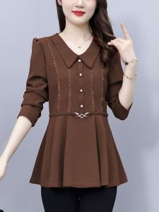 Casual Style Long Sleeve Lace Trim Splicing Base Shirt Womens Spring Autumn New Mommy Clothes Belly Cover Waist Inward Top