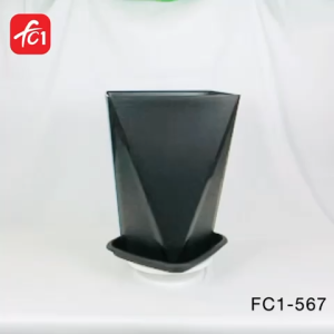 FC1 21cm Diamond Shape Flower Pots with Tray Wooden Texture 2 Tone Liner Gardening Plastic Pasu Bunga Outdoor Indoor