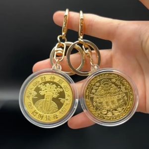 Gantungan Kunci Dewa Rejeki Feng Shui Koin Keychain Clip Koin Emas Keberuntungan Souvenir