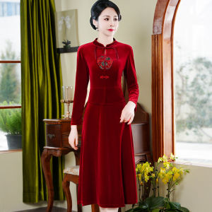 Gold Velvet Improved Cheongsam Womens Spring Autumn Style Middle-Aged Mommy Dress Elegant New Wedding Dinner Dress Gown