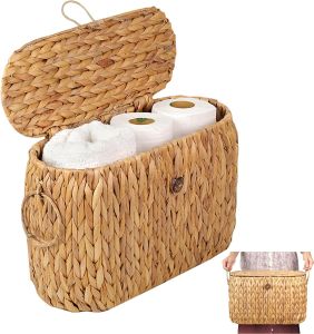 Toilet Paper Storage Water Hyacinth Baskets with Lid Toilet Paper Baskets for Storage Holder 6 Rolls Papers Basket with Built
