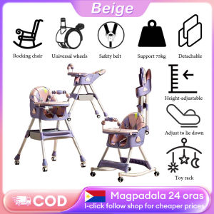 Beige Baby Feeding Chair Foldable Adjustable Height Detachable Legs & Tray with Wheels & Toy Rack Suitable for 6 - 36 M+