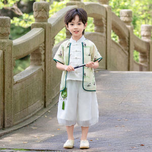 ชุดนักเรียนอนุบาลสไตล์จีนโบราณ ชุดฤดูร้อนสำหรับเด็กชายและเด็กหญิง ชุดการแสดงอ่านบทกวี เสื้อผ้าเด็กผ้าฝ้ายลินิน ชุดฮันฟู