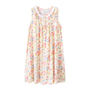 Summer Large Size Sleeveless round Neck Printed Dress Soft Cotton Gauze Comfortable Womens Nightgown Home Clothes Youth Fashion