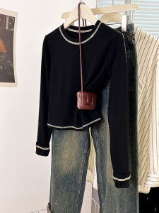 Black Shoulder Long Sleeves T-Shirt Female Spring & Fall Stylish Niche Style Small Silm Short Bottoming Shirt Inner Wear Blouse