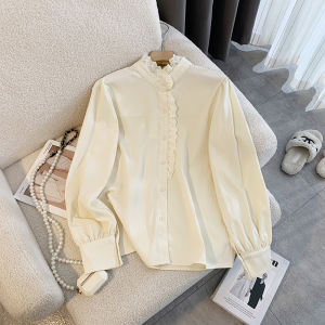 เสื้อเชิ้ตคอตั้งแขนยาวสไตล์ฝรั่งเศสย้อนยุคสำหรับผู้หญิง เสื้อเชิ้ตแขนยาวฤดูใบไม้ร่วง/ฤดูหนาว ดีไซน์ขอบลูกไม้ ทรงหลวม สไตล์ลำลอง