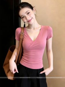 Pink V-Neck Short Sleeve Slim T-Shirt for Women