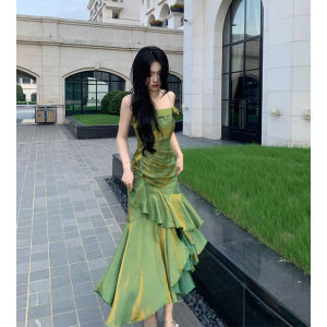 เรียบหรู สไตล์ฝรั่งเศส หางปลาอสมมาตร ไม่มีสาย เดรส ประดับดอกไม้หรูหรา ชุดราตรี ยาว ชุดเดรสออกงานกลางคืน ลมอ่อนโยน