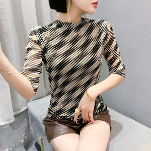 Yimei phong cách mới ôm vừa Nửa cổ cao áo lưới Với Mùa Thu In Và Rhinestone Cơ Sở Mùa Đông tay áo bảy phần tư Áo phông sọc Cho Phụ Nữ