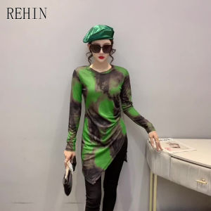 REHIN Womens top Green tie-dye print irregular round neck long sleeve T-shirt thin elegant blouse