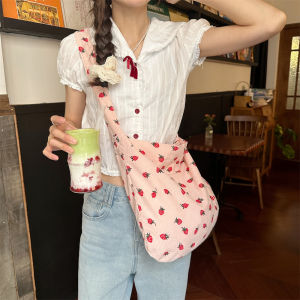 Casual Corduroy Strawberry Pattern Large Capacity Single Shoulder Bag Commute Outdoor Handbag Street Cool Style Hobo Bag