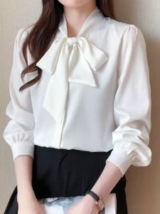Tianshun Boutique Womens Solid Blue Green White Apricot bowknot Neck Chiffon Top 0L Casual Long Sleeve Fashion Korean Version Shirt