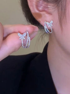 Fashionable Silver Needle Butterfly Earrings Micro-Paved Diamonds Unique Design Simple Elegant Fashion Jewelry Hoops for Women