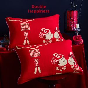 Wedding Couple Cotton Pillowcases Chinese Style Red Embroidered Characters New Home Cotton Fabric Single Person Pillow Use