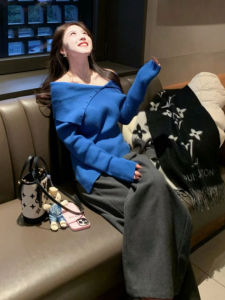 YUEZHONGWEI | French Off Shoulder Large Collar Button Blue Knit Sweater