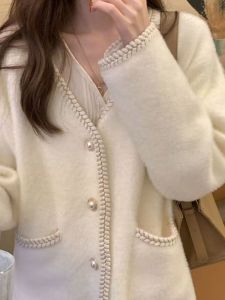 Trendy Water Rabbit Fur V-Neck Open Cardigan Womens Loose Knitted Outerwear Sweater Korean Style Long Sleeve Autumn Winter New Arrival