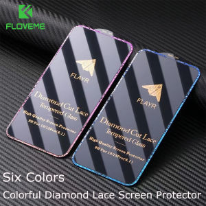 FLOVEME 1PC Luxury Colorful Diamond Lace Screen Film Protector For iphone 14 13 12 11 Pro Max 14 Plus Plating Tempered Glass Waterproof Clear Full Cover Screen Protector For iphone X XR XS Max