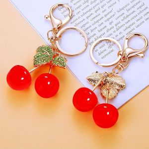Metallic Diamond Embedded Cherry Keychain Creative Car Key Ring Womens Bag Pendant Zinc Alloy Cartoon Style Gift