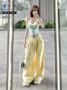 Yellow Polka Dot Wide Leg Pants Womens Summer Dopaamine Trousers Casual Lazy Floor-Length Pants High Waist Long Pants