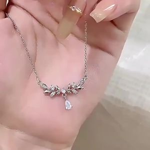 Silver Zircon Clavicle Chain Light‑Luxury Crystal Leaf & Water‑Drop Pendant Necklace Fashion Jewelry Gift for Women