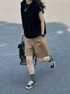 กางเกงขาสั้นทรงหลวมเอวสูงผ้าฝ้ายแท้สีกรมท่าสไตล์ญี่ปุ่นสำหรับผู้หญิง กางเกงขายาวทรงสปอร์ตลำลองบาง 5 จุดสำหรับฤดูร้อน