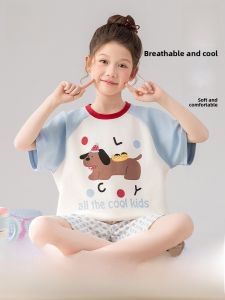 Miiow | Cat Person 2025 New Childrens Sleepwear Cotton Pajamas Short Sleeve Shorts Home Clothes Set Breathable Lightweight Summer Outfit For Girls