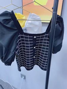 LNR Shop Blouse T Shirt Lengan Pendek Balon Puff Sleeve Short Atasan Detail Full Crop Top Bahan Rajut + Sifon Chiffon Import Premium Kaos Kaus Korean Style Square Neck Knitted Women Vintage Wanita Dewasa