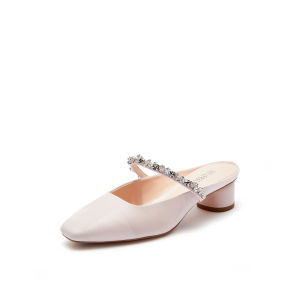 Joy&Peace Spring New Water Diamond Buckle Thick Heel Mule Shoes Womens Leather Slippers Casual Style Rubber Outsole Square Toe