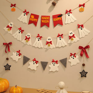 Halloween Retro Cute Red Bow White Bell Ghost Party Decoration Banner Background Wall Flag Pendant