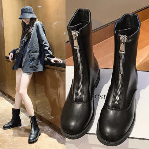 รองเท้าบูทมาร์ตินส้นเตี้ยสไตล์อังกฤษ ฤดูใบไม้ผลิและฤดูใบไม้ร่วง รองเท้าบูทส้นเตี้ยแบบสวมหัวกลมสำหรับผู้หญิง รองเท้าบูทแฟชั่นสุดเทรนด์