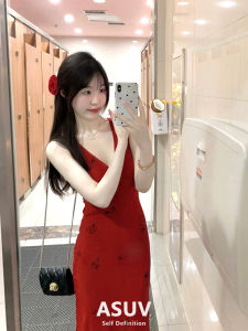 Gentle Young Adult Lady like Woman Style Red Small Floral Dress Summer Temperament Waist-Controlled Style Fancy Long Skirt