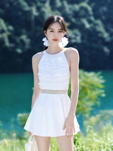 Womens One-Piece Swimsuit Conservative White Neck Hanging Thermal Spring Large Size Swimming Costume Holiday High-End Feeling