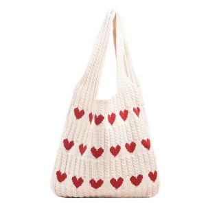 Dopamine Knitted Heart Shaped Large Capacity Shopping Bag Womens Tote Bag for Class And Shopping Daily Fashion Accessories
