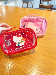 EchoBliss Hello Kitty กระเป๋าเครื่องสำอาง PVC ใสเงาพิมพ์ลายการ์ตูนกันน้ำแบบพกพากระเป๋าใส่ของซัก