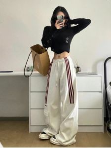 American Retro White Casual Sweatpants Womens Trendy Elastic Waist Drawstring Loose Pants Three Bars Jazz Dance Ankle Banded Pants