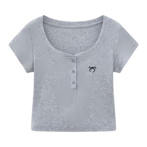 Áo Thun Cotton Màu Xanh Lam Thêu Tinh Tế Cho Nữ Mùa Hè Cỡ Nhỏ Ngọt Ngào Thanh Lịch Phong Cách Đường Phố Cổ Vuông Tay Ngắn