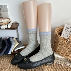 Autumn Winter Color Block Long Tube Socks Womens Mid-Calf Double Ribbed Cotton Socks No Bone Mella Stack Socks