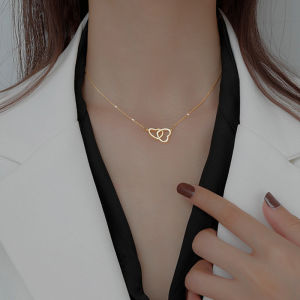 🔥🔥Roman Holiday 925 Sterling Silver Necklace Women Shiny Double Ring Heart-shaped Necklace Zircon Simple Fashion Ladies Party Gift Collar Jewelry COD