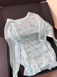 Loose Long Sleeve T-Shirt Women Summer Thin See-through Blue Top Casual Lazy Style Letter Print UV Protection Cover up