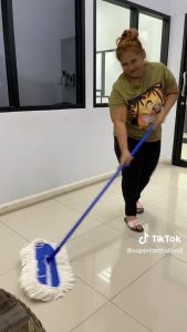 SUPERCAT ไม้ม็อบดันฝุ่น 15 นิ้ว 300 กรัม ผ้า Cotton สีขาว+กรม ด้ามเหล็กกันสนิม หัวหมุนได้ 4 ทิศ