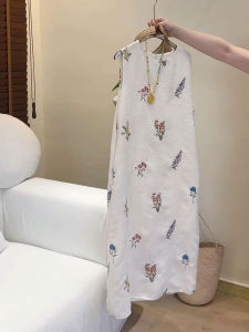 YUFUQING | White Embroidered Sleeveless Round Neck Dress Womens Loose Casual Long Skirt Summer Fashionable A-Line Polyester Fiber