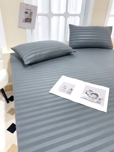 Canadian Cotton Stripe Bedsheet Fully Garterized 3in1 Bedsheet Set （3in1：1 bedsheet+2 pillowcases） soft fabric 4Sizes: Single/Double/Queen/King & Multiple colors: White/Pink/Purple/Light grey/Dark grey/Green/Dark Blue/Khaki
