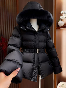 DANTING | Hooded Slim Black Down Coat with Large Fur Collar Womens Mid-length