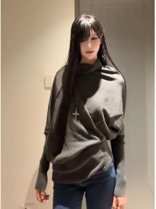 2024 New Asymmetric High Collar Grey Sweater Womens Autumn Winter Loose Batwing Sleeve Knitted Top Comfortable Commute Style