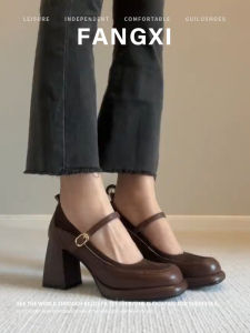 RIU | Retro Brown Waterproof Platform Buckle Strap Square Toe Heels