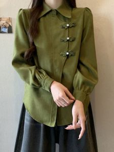 New Chinese Style Green Shirt Womens Mid-Length Button-Up Loose Fit Regular Sleeve Long Polo Collar Traditional Embroidery